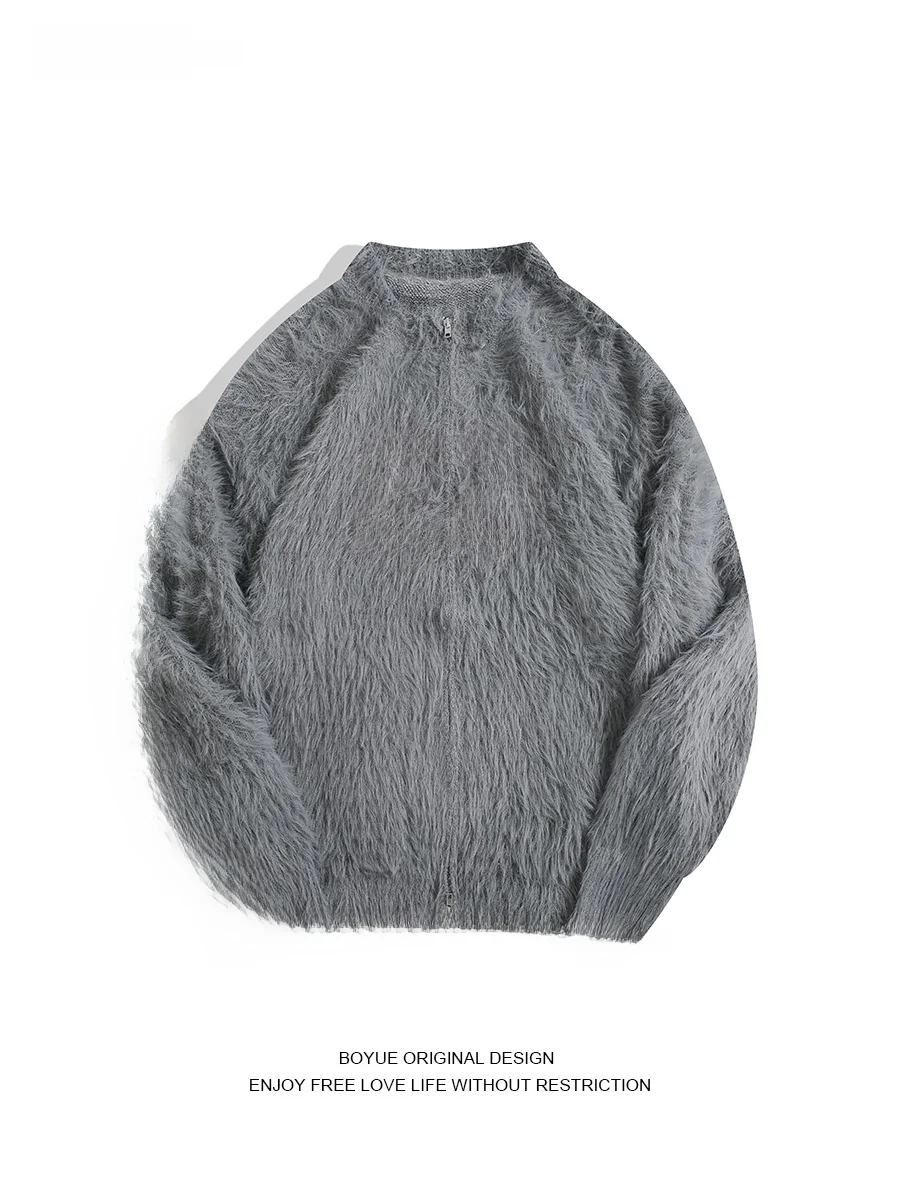 

Boyue Vintage ey Fluffy Open Cardigan Sweater Mink Velvet Comfortable High-End Men's Jaet Soft Cozy Winter Leisure Faion