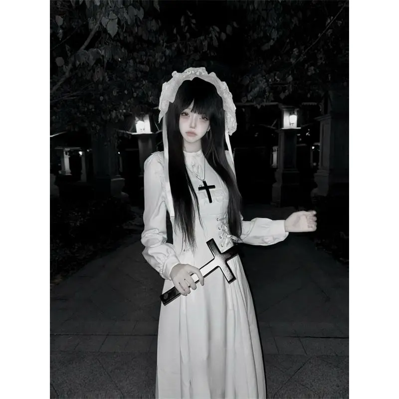 

Wansheng Gothic Style Lace Stitching Strap Design Sense Dress Autumn New Western Waist-Slimming Long for Women