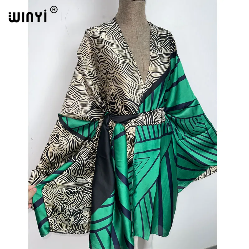 WINYI 2022 Bohemian Printed Self Belted Loose Summer elegant Beach Tunic free Size Kimono Women Street Wear Casual Maxi Dress