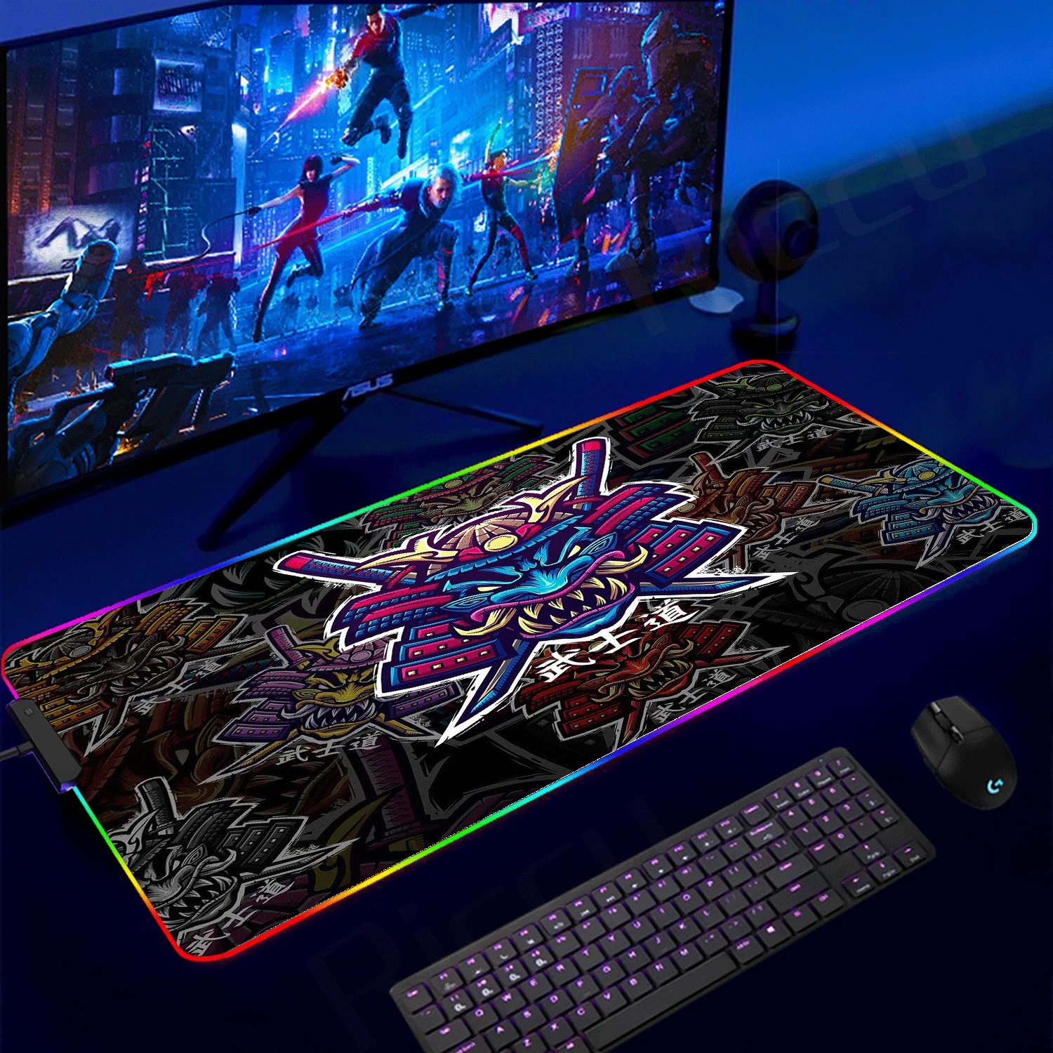 

Japanese Samurai devil mask Mousepad Game mouse pad Sakura RGB ghost face gamer desk pad mousemat carpet accessories table pad