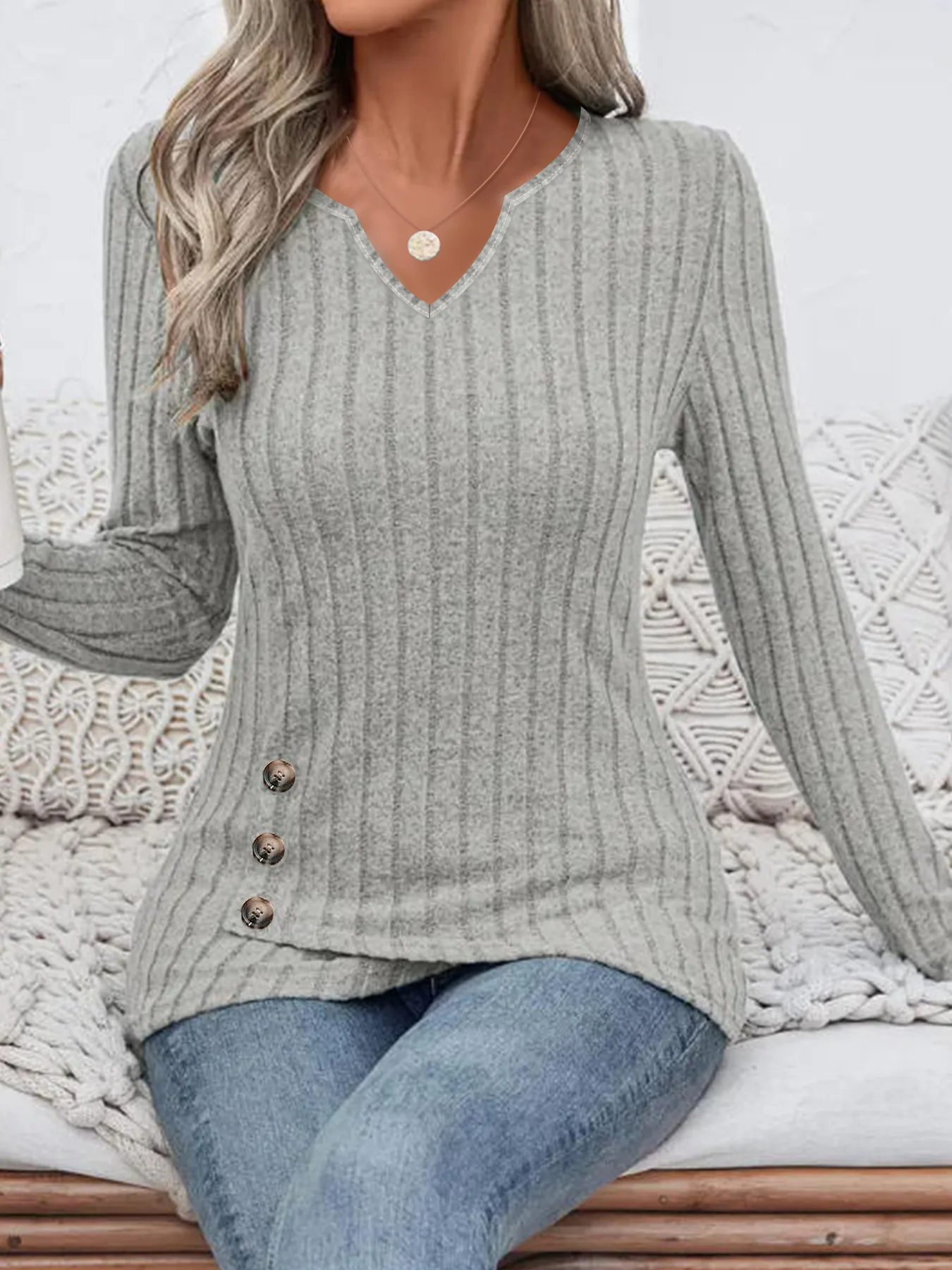 Autumn Winter Long-Sleeved T Shirt Women Irregular V-Neck Tops Fashion Casual Solid Color Street Style Buttons Pullover Tshirt