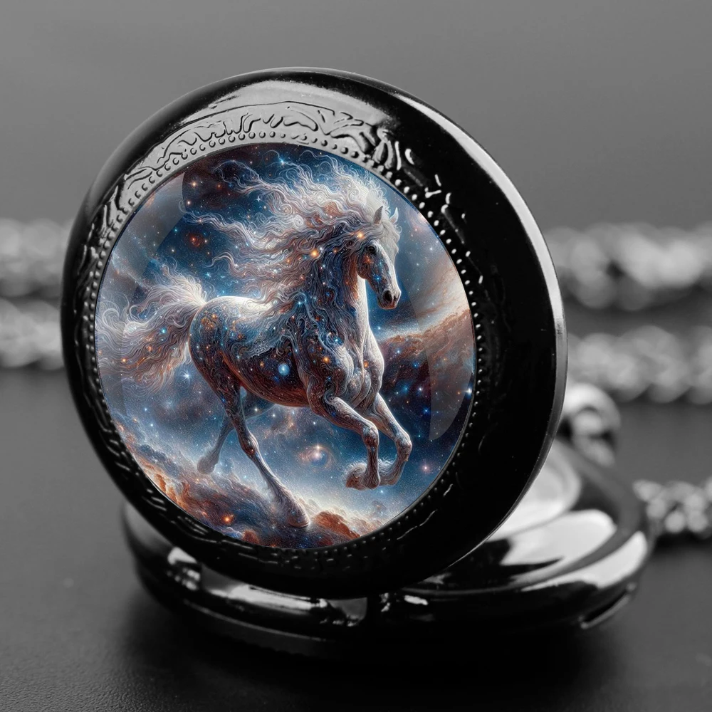 Galloping Horse Glass Dome Quartz Pocket Watch With Durable Chain Arabic Numeral Dial Creative Gifts for Men Women