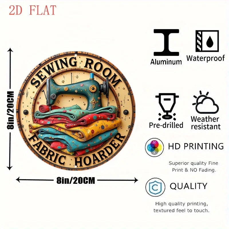 Sewing Room Fabric Hoarder Round Metal Wall Plaque, 1pc 2D Flat Vintage Sewing Machine Decorative Tin Sign, 20x20 Craft Room Stu