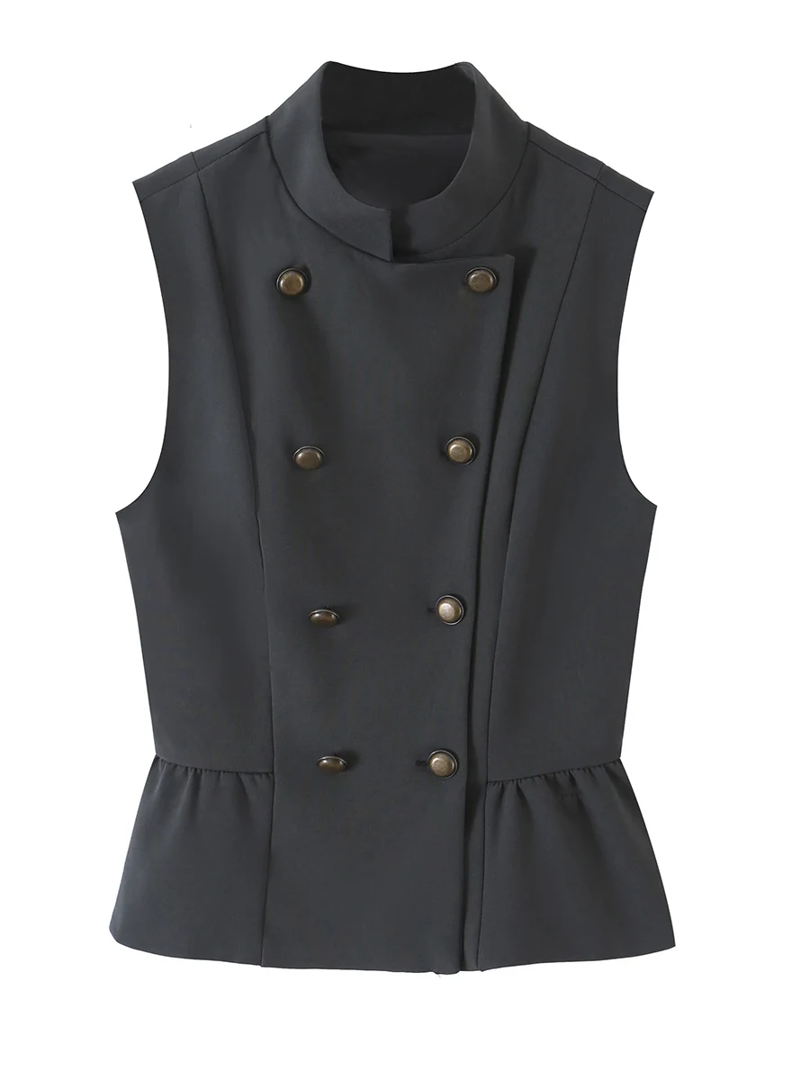 Women's Short Vest Skirt Set Nine Points Waist Cinched Sleeveless Stand Collar Double Button Polyester Fiber Outerwear