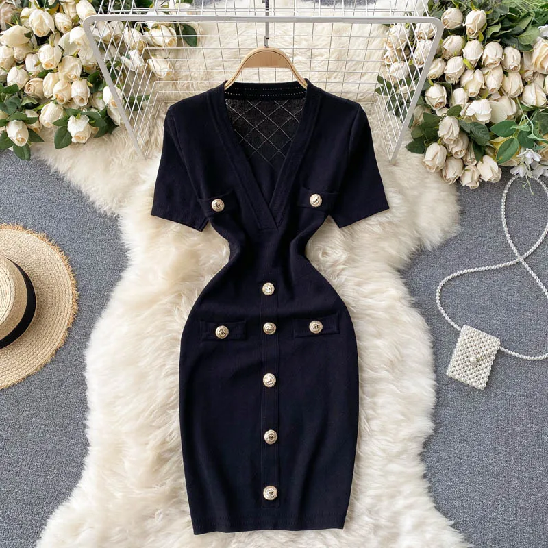 All Match Party Fashion Elegant Sexy Casual Y2K Button Vintage Korean Girl Festa Office Lady Solid Black Girl Clothing Dresses