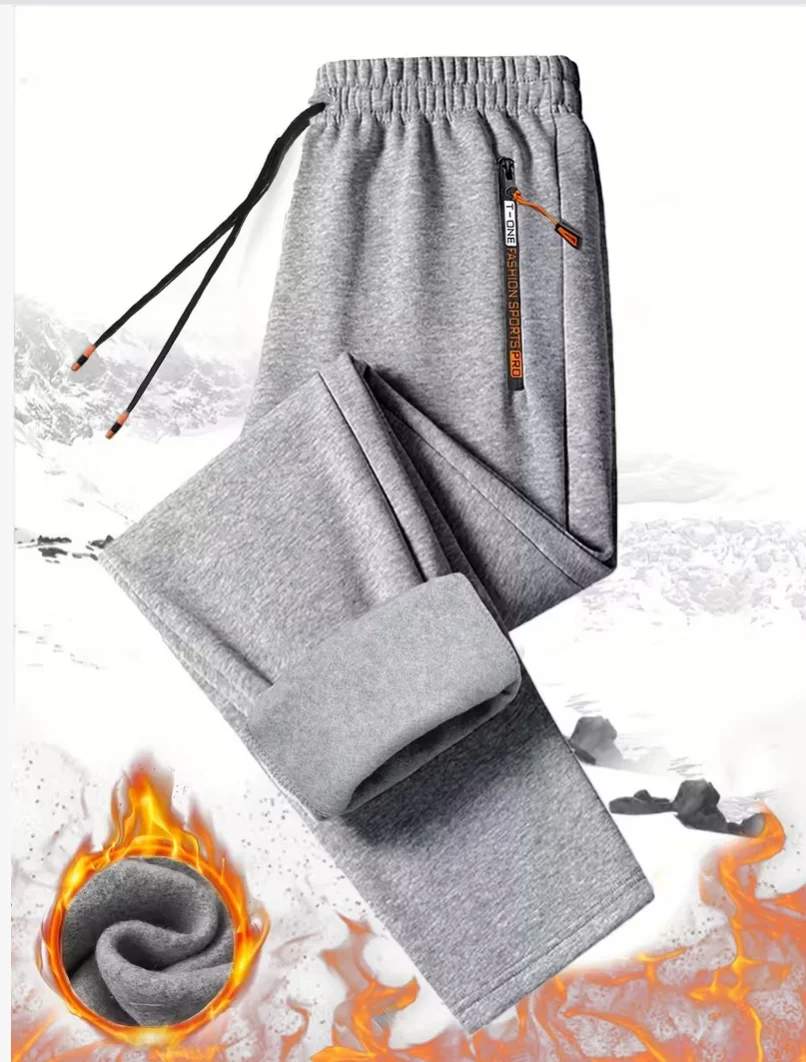 Men Winter Fleece Lined Sweatpants Drawstring Elastic Waist Straight Leg Joggers Warm Thermal Trousers With Zipper Pockets
