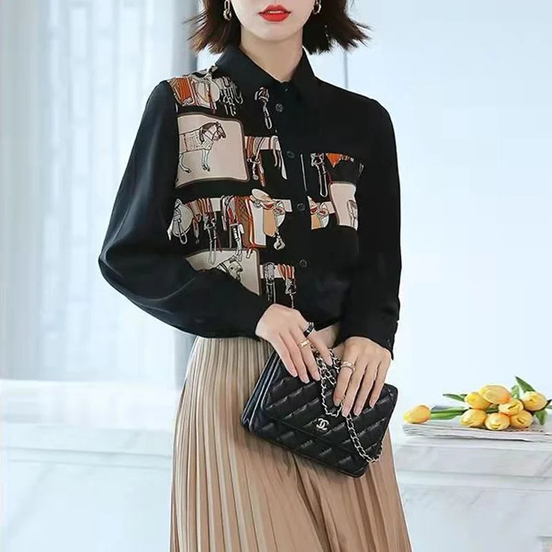 Vintage Fashion Printed Harajuku Street Loose Blouse Top Women Spring Autumn Casual Turn Down Collar Long Sleeve Button Up Shirt