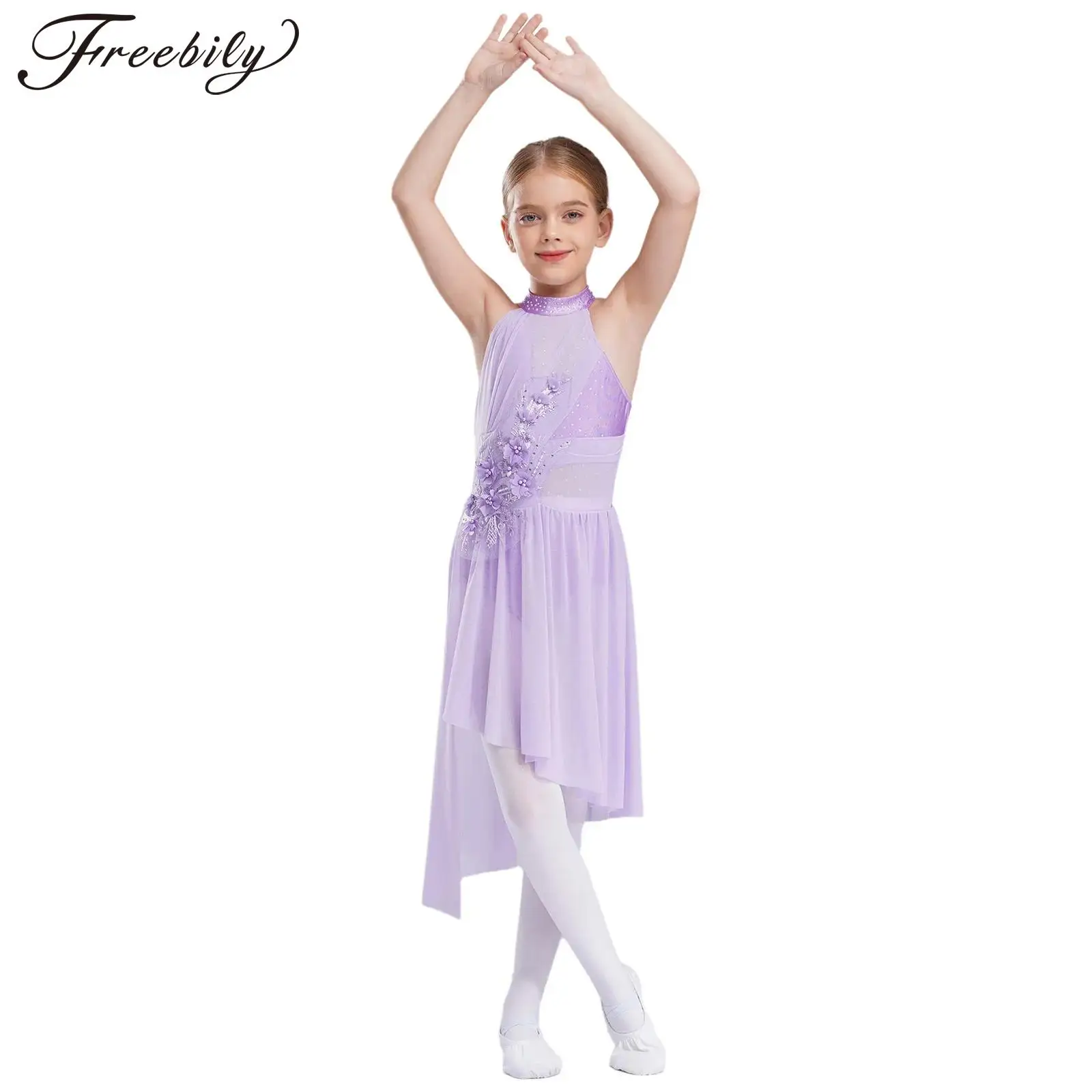 Ballet Dresses Girls Lyrical Dance Dress Applique High-Low Chiffon Splice Skirted Fancy Skating Costume Contemporary Dancewear