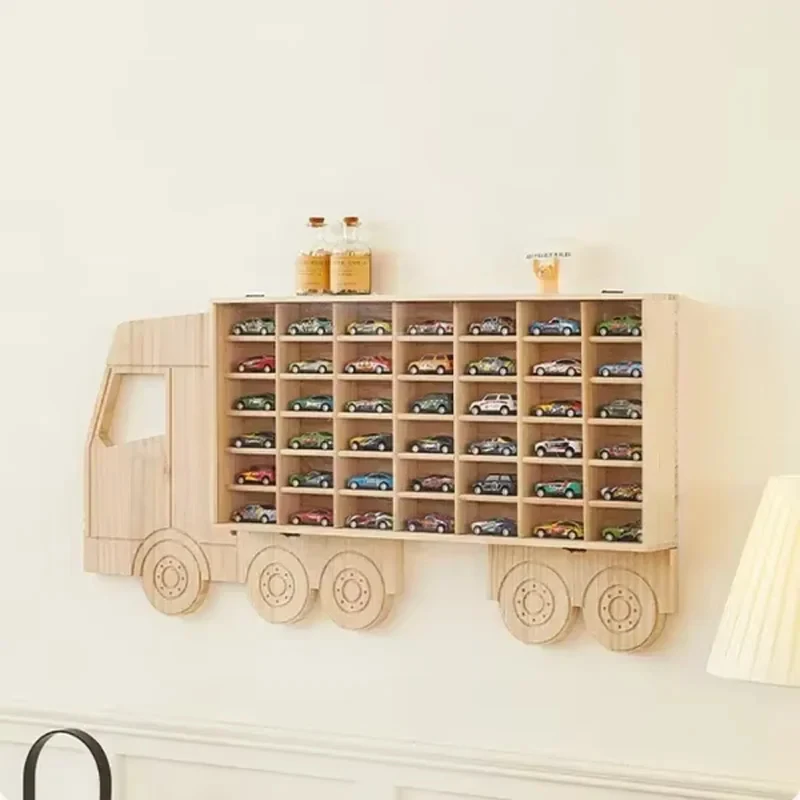 Toy Car Rack Holds 4 Diecast Model Display With Lid Organizer Wall-Mounted Storage Wood Cinet