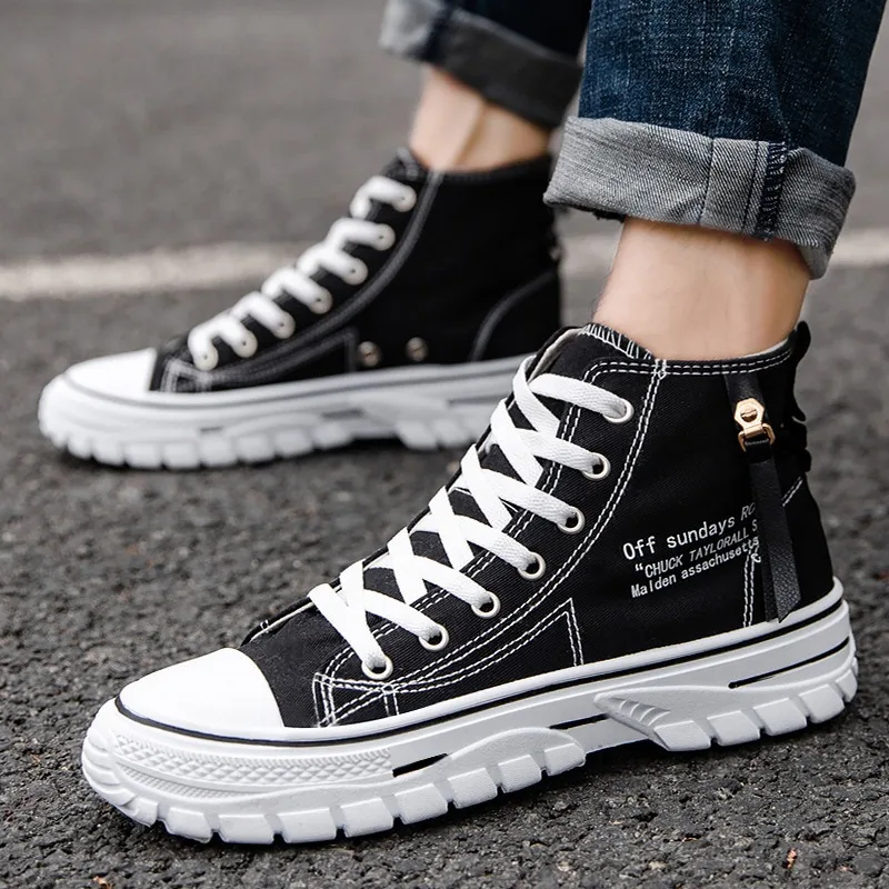 Zapatos de lona de caña alta para hombre, zapatillas planas transpirables de moda 2026, calzado deportivo antideslizante para exteriores con cordones y plataforma