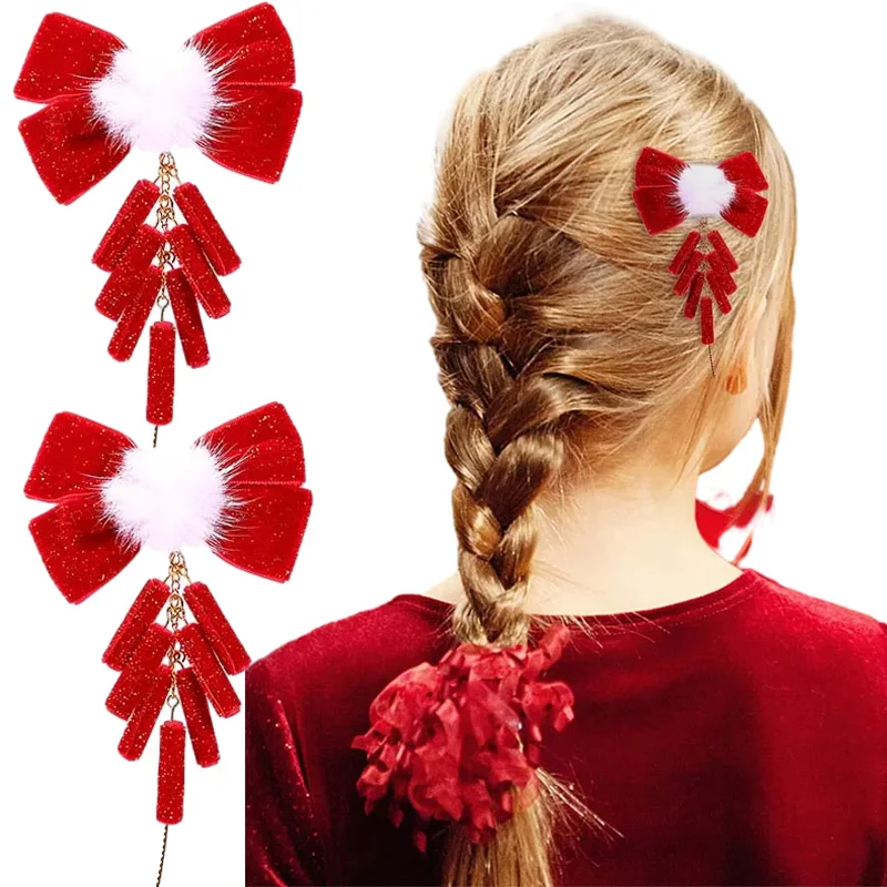 

ncmama 2Pcs New Firecracker Bow Hairpin for Kids Girls Cute New Year Tassel Hairpin Barrettes Headwear Korean Hair Accessories