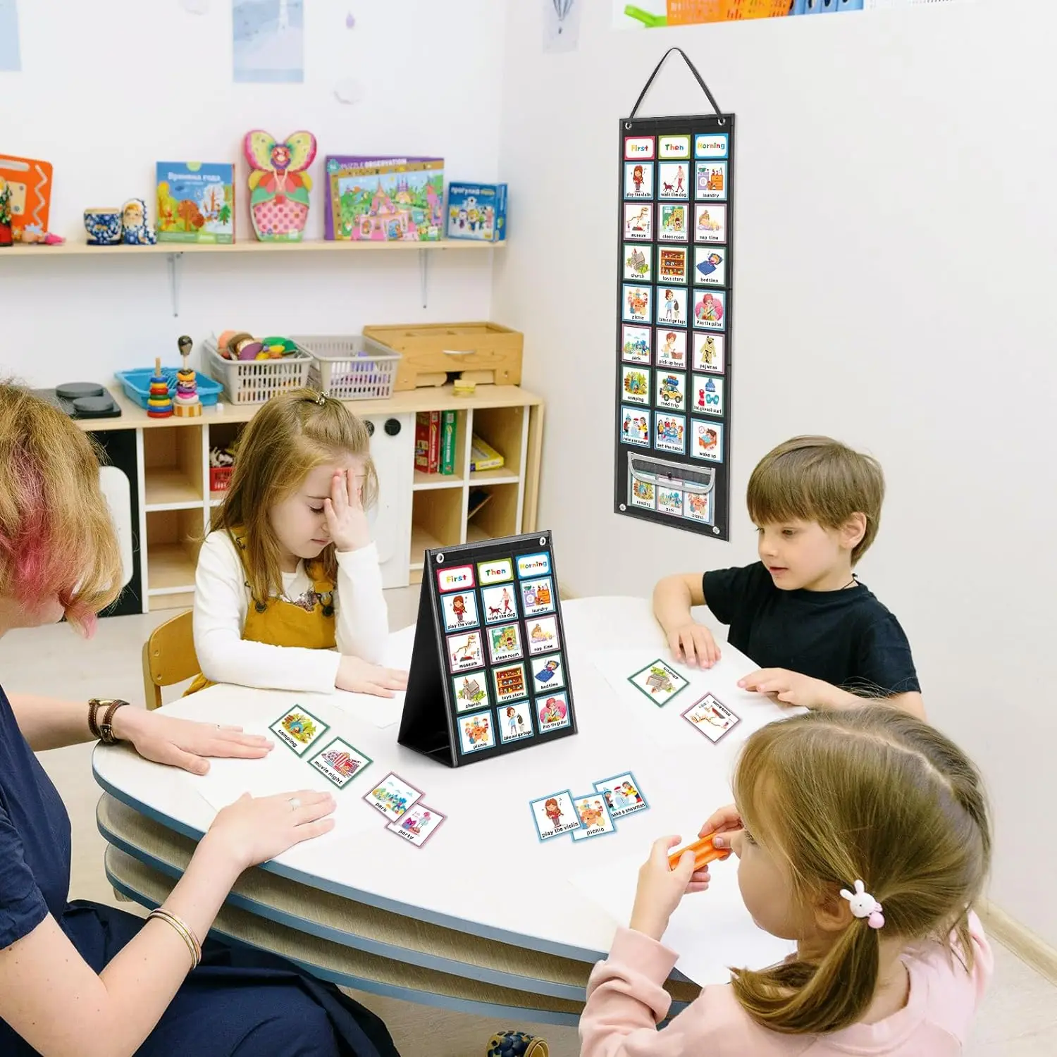 Large Black Visual Schedule Chart with 92 Pcs Cards Daily Schedule Board for Home Visual Behavioral Routine Chore Reward Chart