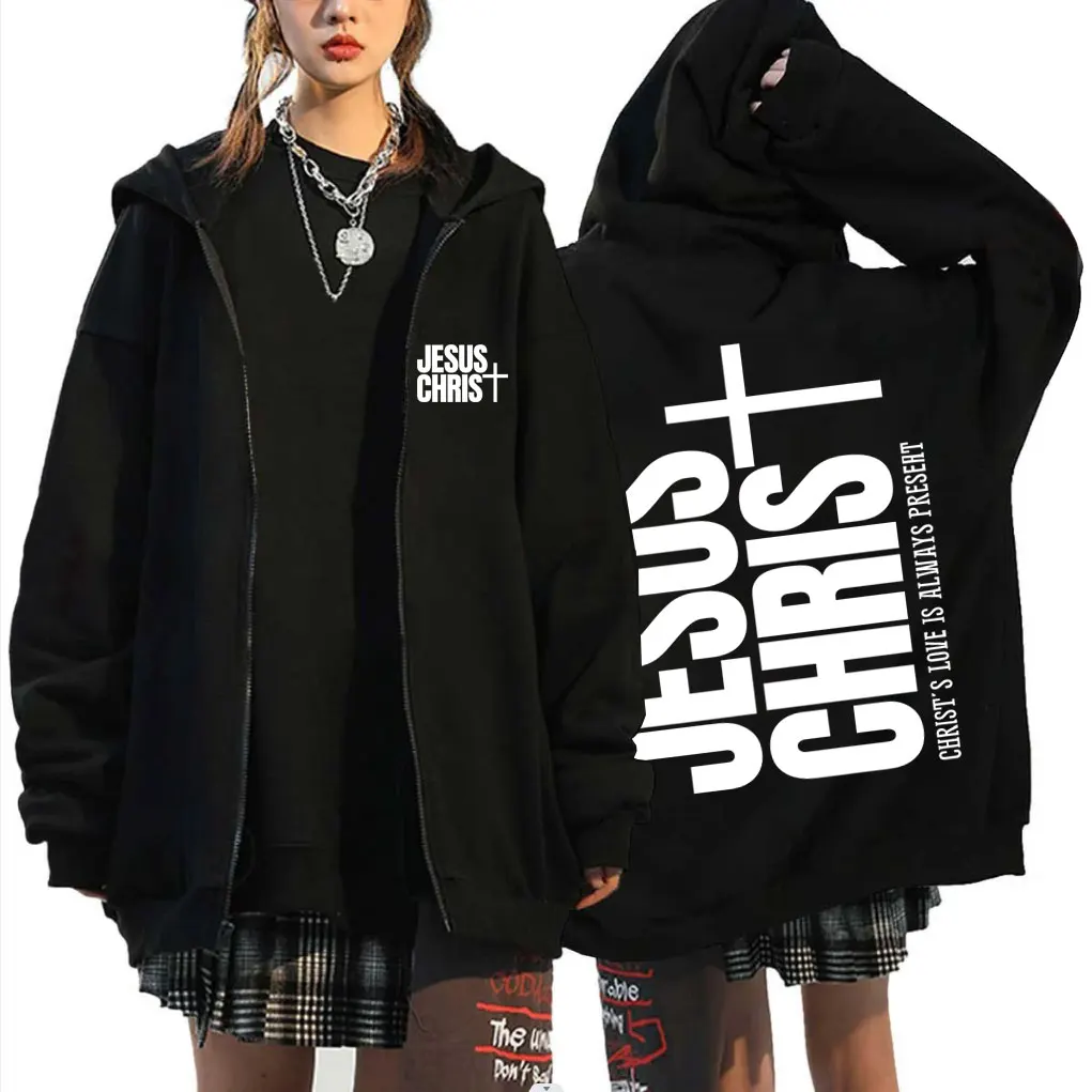 Jesus Christ Double Sided Print Zipper Hoodie Men Women Christian Religious Lover Zip Up Jacket Fleece Cotton Zip Up Sweatshirt