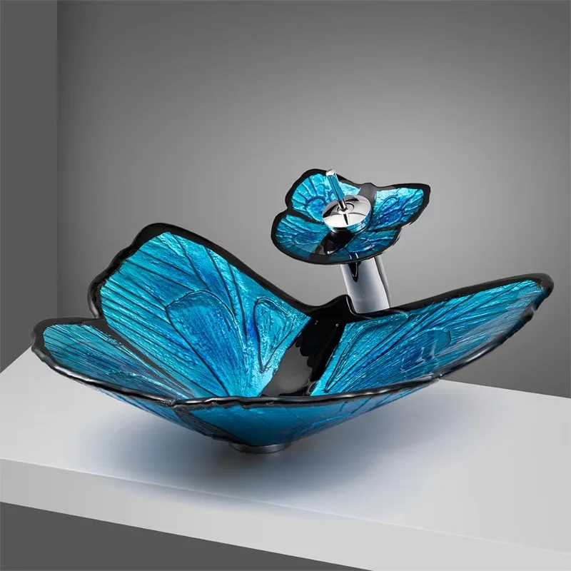 Luxury Blue Art Butterfly Tempered Glass Tabletop Wash Basin
