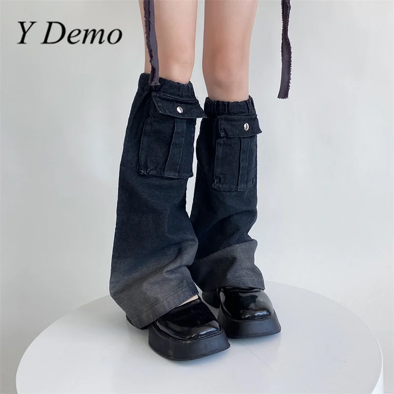 

Y Demo Punk Denim Leg Covers For Women Buckle Mini Bag Flare Leg Warmer Rock Socks Streetwear