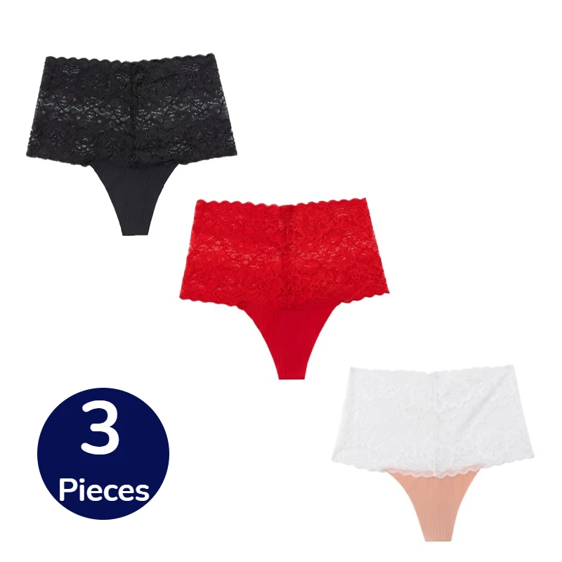 BZEL 3 Stück Damen-Höschen mit hoher Taille, modische Spitze, weibliche Tangas, süße Blumen, sexy Dessous, bequem, atmungsaktiv, G-Strings im Angebot
