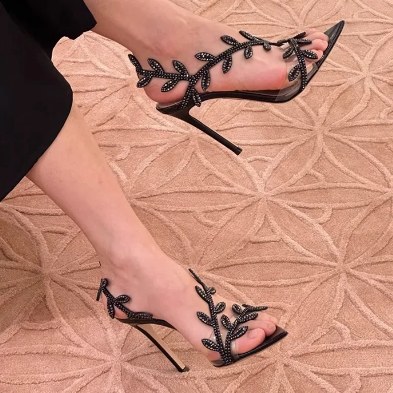 New Summer Women's High-heeled Sandals Pointed Rhinestone Leaf Stiletto Sandals Temperament Fashion High Heels