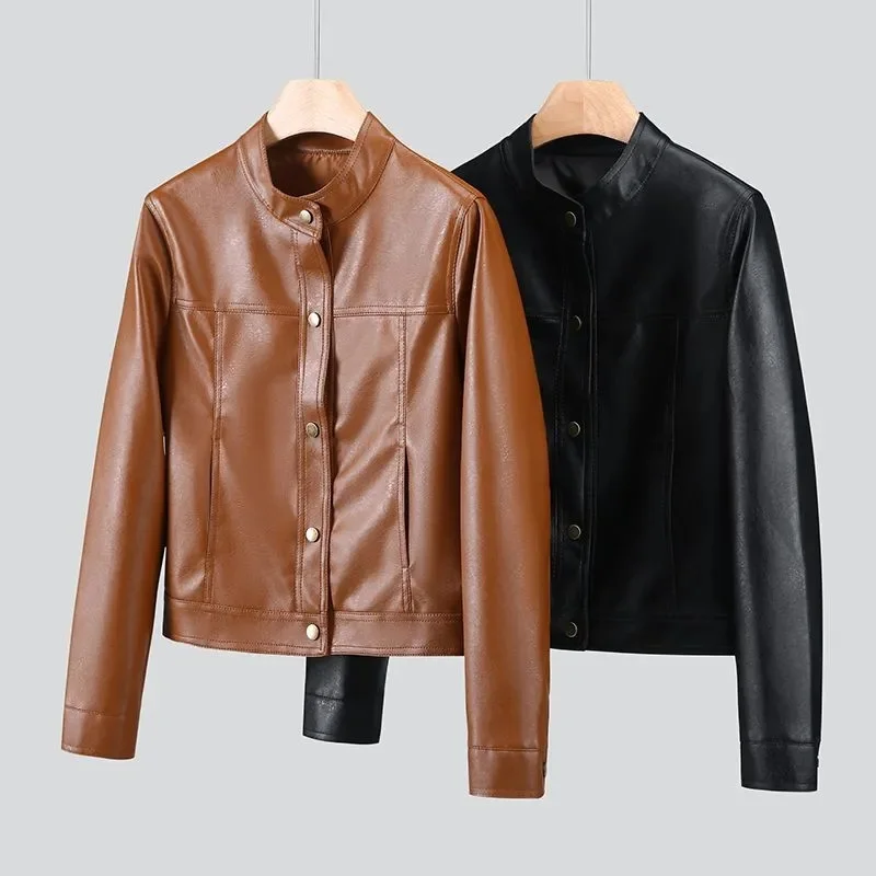 جديد السترات النسائية سترة جلدية واحدة الصدر جلد المرأة معطف قصير ريترو طوق سترة جلدية في الربيع والخريف