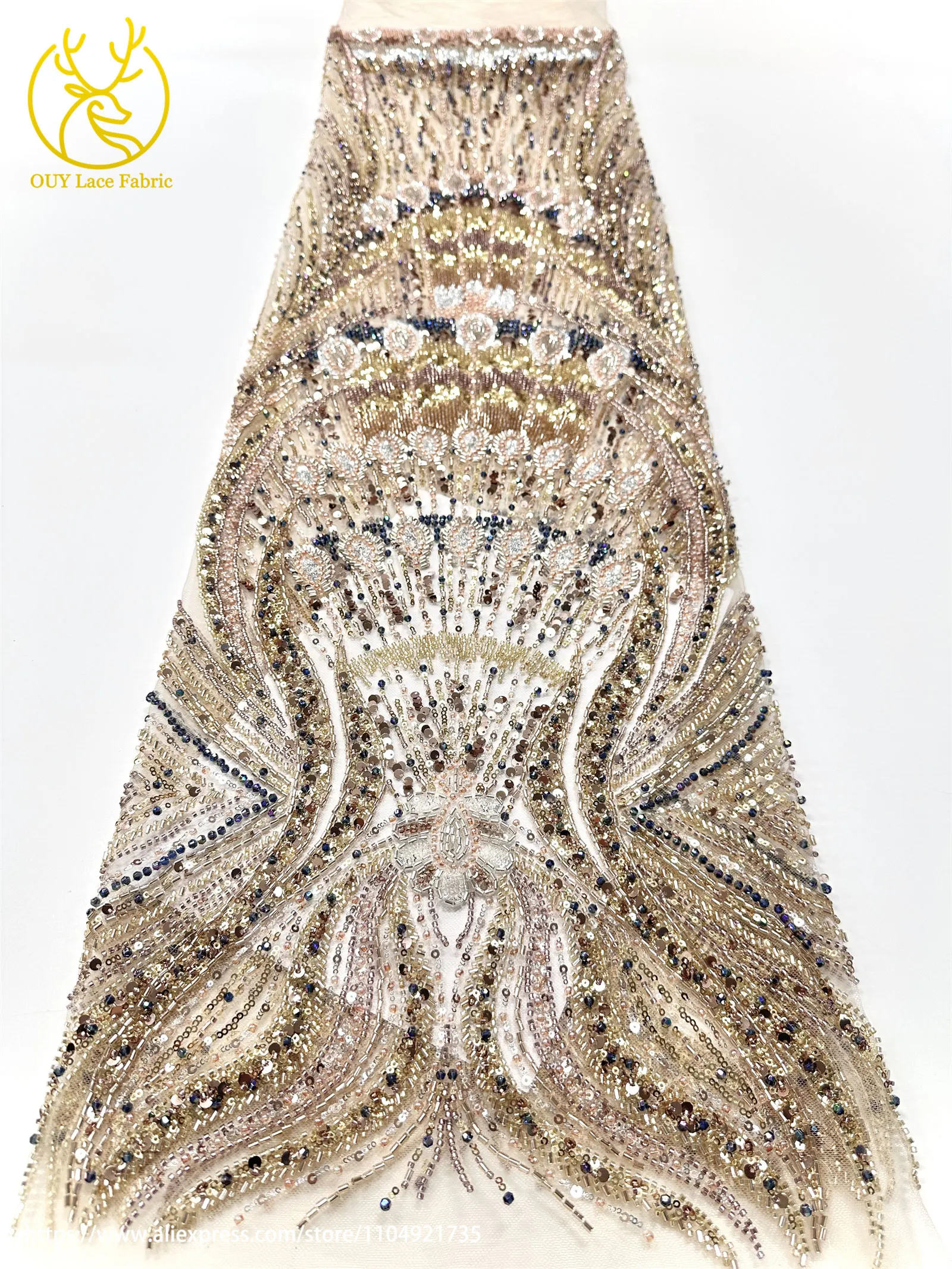 Fine African Handmade Heavy Beaded Lace Fabric 2025 High Quality French Nigerian Sequins Tulle Mesh Lace Fabric Party Dresses