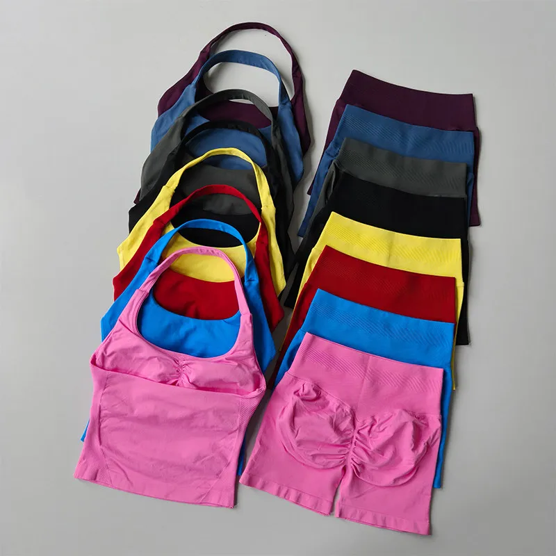 

Летний бесшовный комплект для йоги: спортивный топ с завязками на шее, шорты с высокой талией и эффектом утяжки живота и коррекции ягодиц для женщин