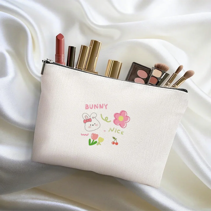

1 шт. Двусторонняя холщовая сумка на молнии с милым принтом кролика, многофункциональная косметичка, органайзер для путешествий