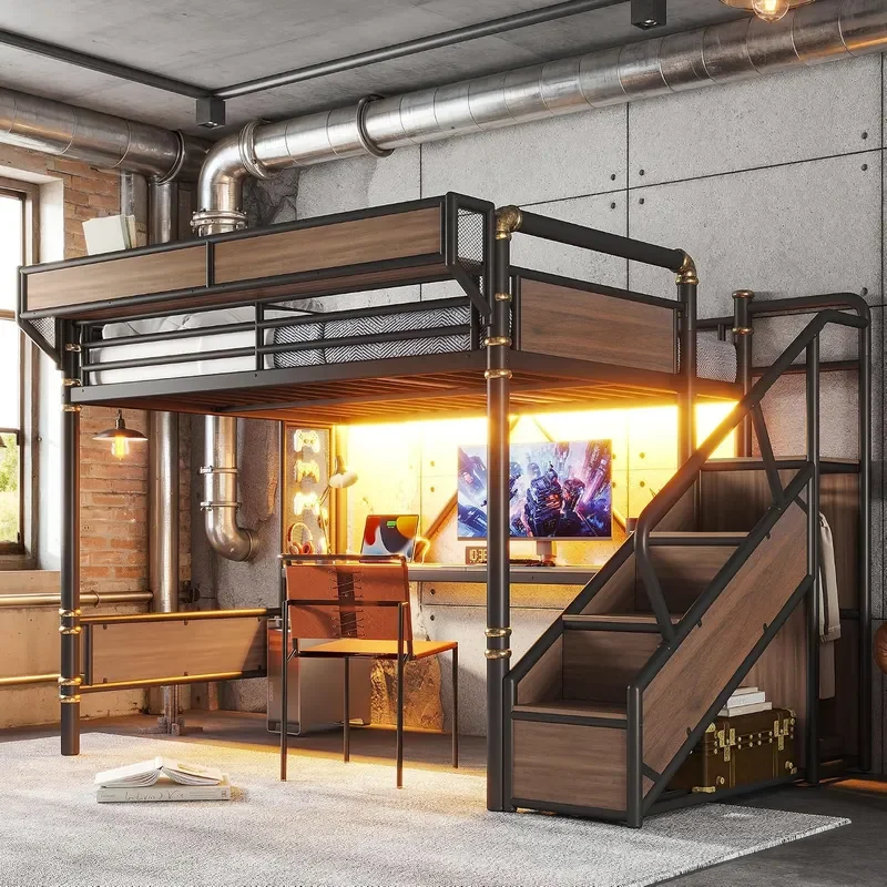 Queen Size Metal Loft Bed Frame with Staircase Built-in Desk Wardrobe Loft Bed with Pegboard Mesh Storage Baskets Slats No