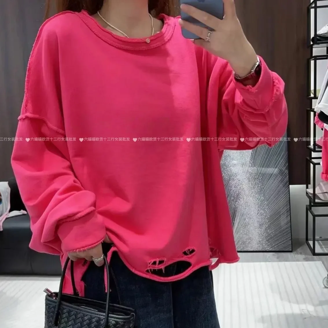 Loose Korean Style Fashionable Round Neck Casual Ripped Long-sleeved Sweatshirt for Women Versatile Solid Color Personalized Top