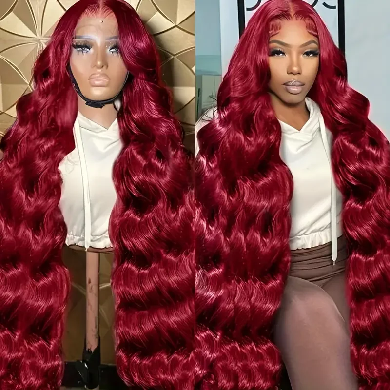 

44 46 inch 99j Burgundy 13x4 13x6 Body Wave HD Lace Front Wig Human Hair 200% Density Pre Plucked Lace Front Wigs Bleached Knot