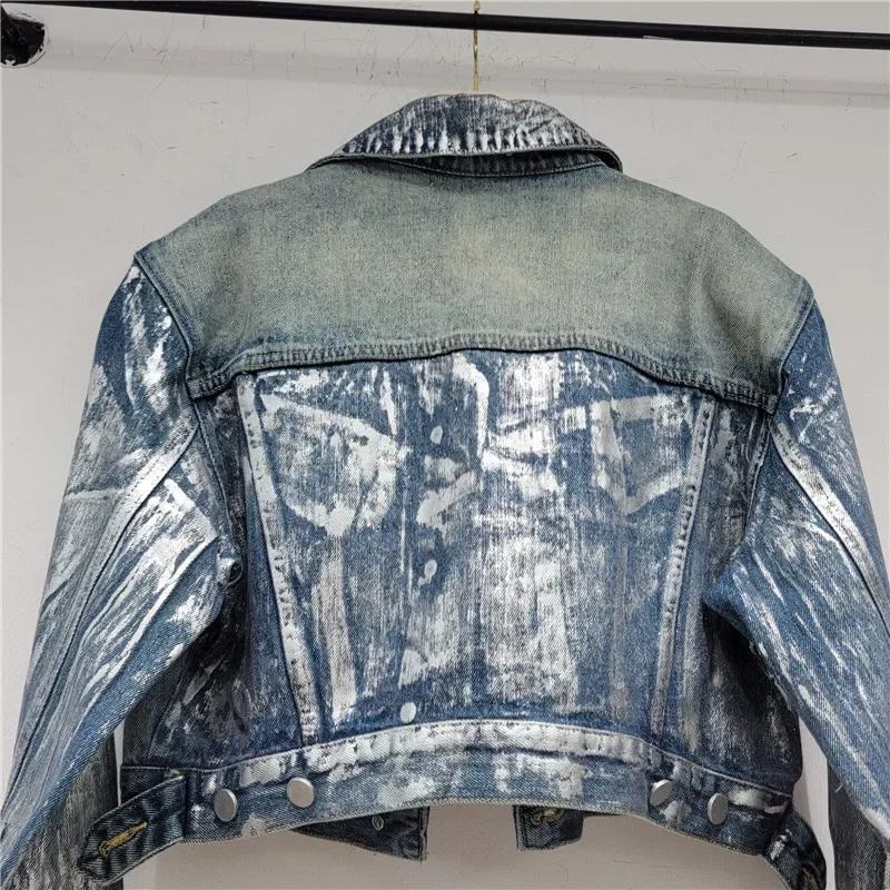 

Spring Autumn Hand-painted Graffiti Printing Vintage Washed Blue Short Denim Jacket Casual Korean Long Sleeve Jeans Jacket Coat