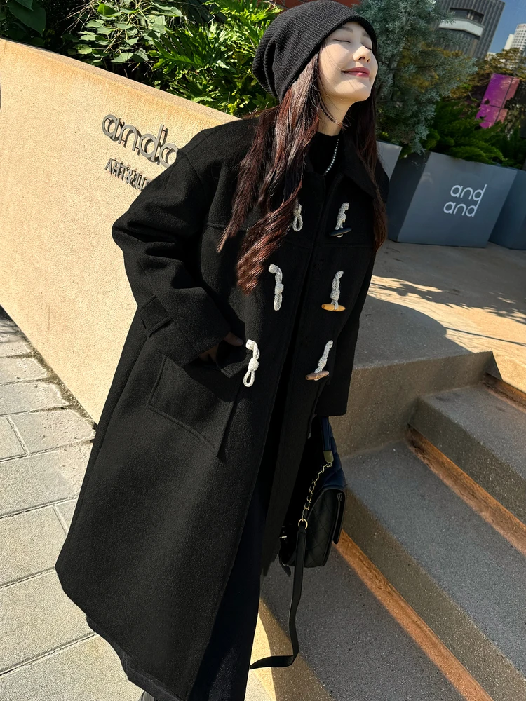 

Thiened Winter New Women's Woolen Coat Middle-Length College Sle Button Design Cotton-Padded Large Coat Bla