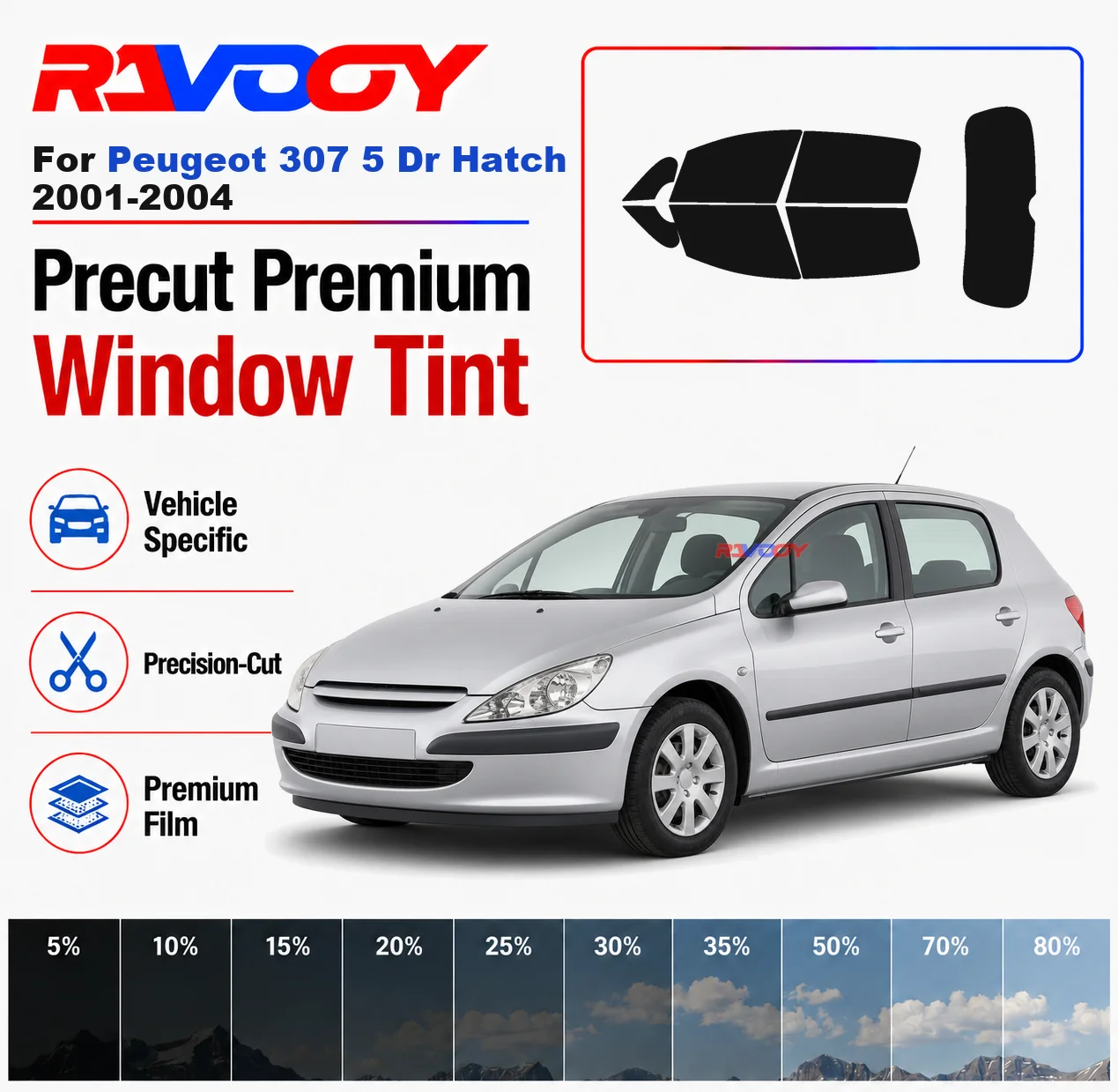 

Premium Precut Window Tint Kit Front Windows Rear Windows Rear Windshield For Peugeot 307 5 Dr Hatch 2001-2004 Nano Ceramic Film