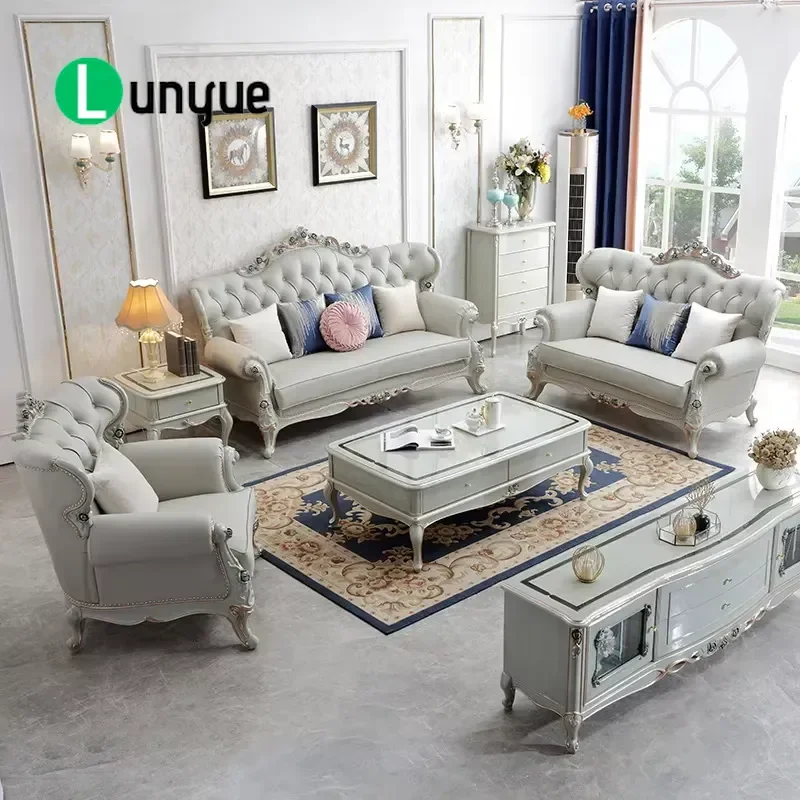 French Court Style Blue Leather U Shaped Sofa 3 Seater Movable European Classical Luxury Furniture for Villa Living Room High