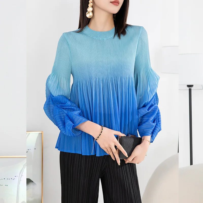 MIYAKE Wrinkle printed round neck pullover top, summer new fashionable temperament loose fit oversize bubble sleeves [20230205]