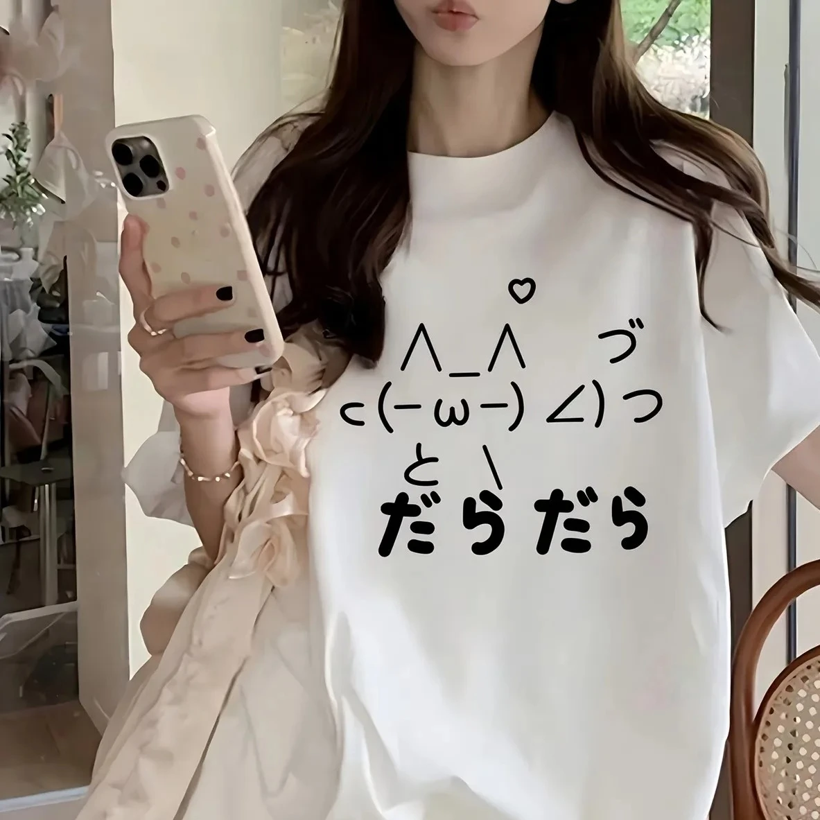 Lustiges Lazy Daradara T-Shirt mit japanischem Text, süßes Kaomoji-bedrucktes weißes T-Shirt, Unisex, lässig, Sommer, kurzärmelig, Streetwear-Tops – Detail 4