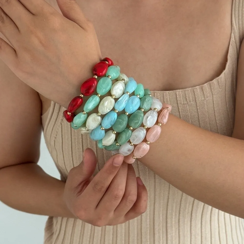 4Pcs Vintage Multicolor Beads Bracelet Set Stackable Transparent Round Bangles Marbling Cuff Bracelet Set Jewelry