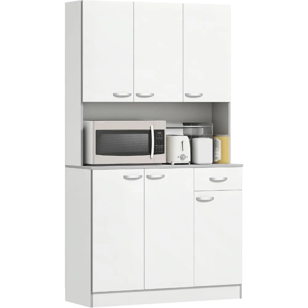 

Modern Tall Kitchen Pantry Cabinet with Microwave Stand, 6-Door Storage Hutch Featuring Countertop Space