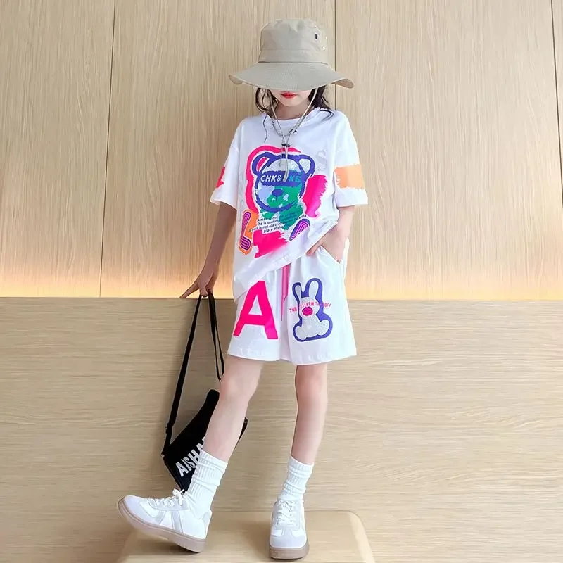 Summer Children Girls Clothes Cartoon Bearr Printed T-shirts and Shorts Suit Teenage Hip Hop Short Sleeve 2pc Top Bottom Outfits