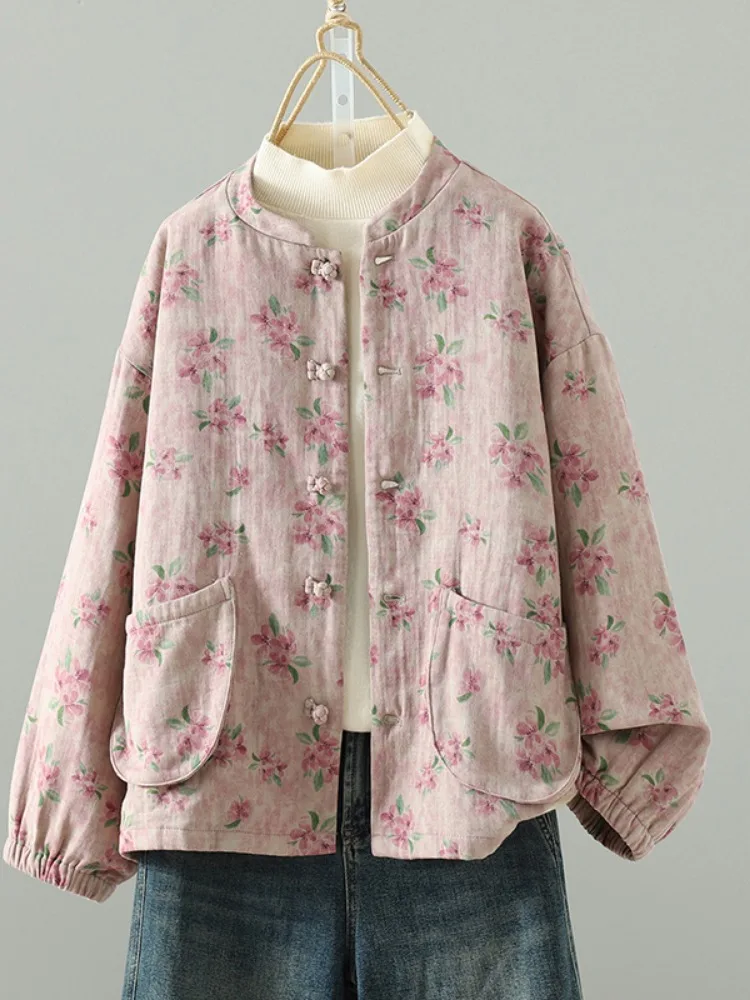 Handmade Chinese Style Short Jacket Women's Linen Outerwear Autumn Floral Print Top Large Size Tea Ceremony Outfit Casual Loo...