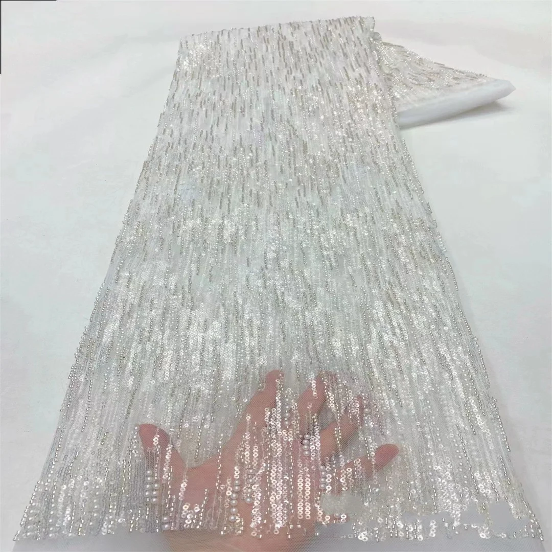 10 Colors Striped Embroidered Bubble Sequin Lace Evening Dress Material Density Beaded Mesh Fabric