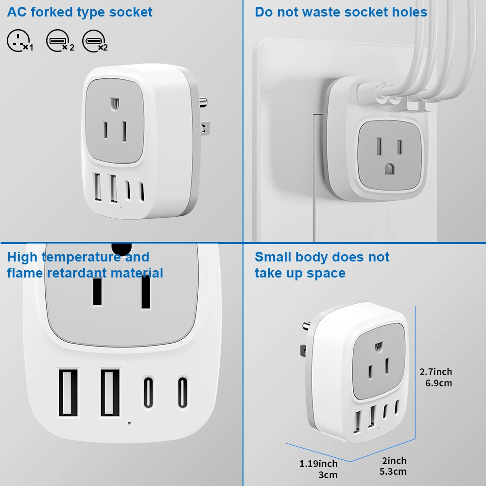 KOSHARE EU To US Plug Travel Adapter With 1 Socket Outlet Surge Protector 2 USB And 2 Type-C  Fast Charger For Home Travel