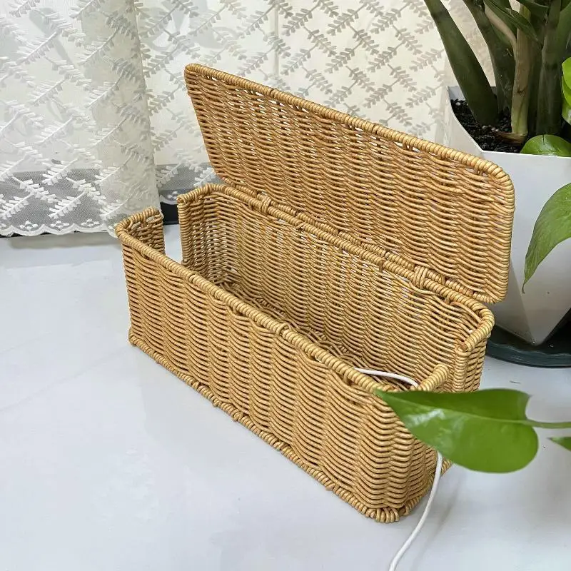 Hand-Woven Cable Management Basket - Decorative Charging Station & Desktop USB Cable Storage Organizer Box