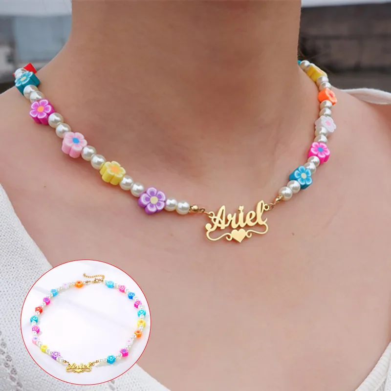 

Lateefah Candy Color Flower Name Necklace Personalized Polymer Clay Pearl English Letter Holiday Style Accessories