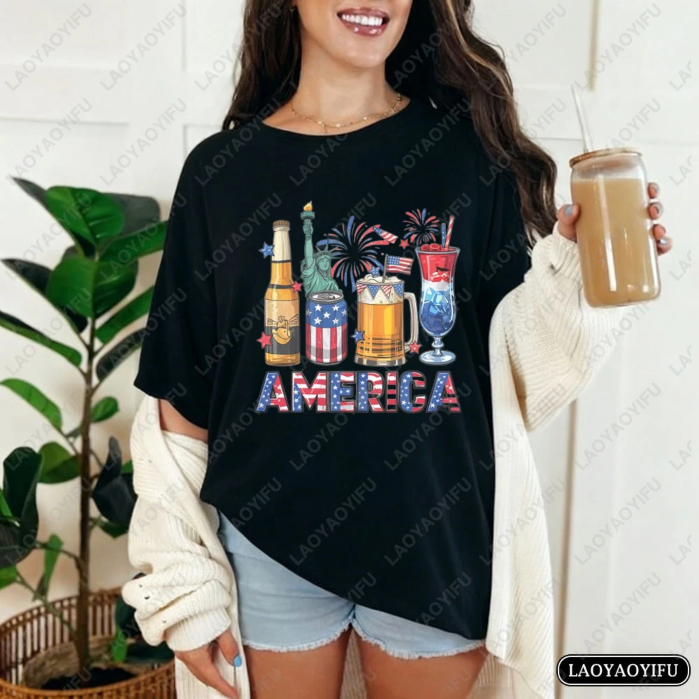 

America Patriotic Beer Drinks T-Shirt Women 4th of July Statue of Liberty Casual Crew Neck Short Sleeve Cotton Top