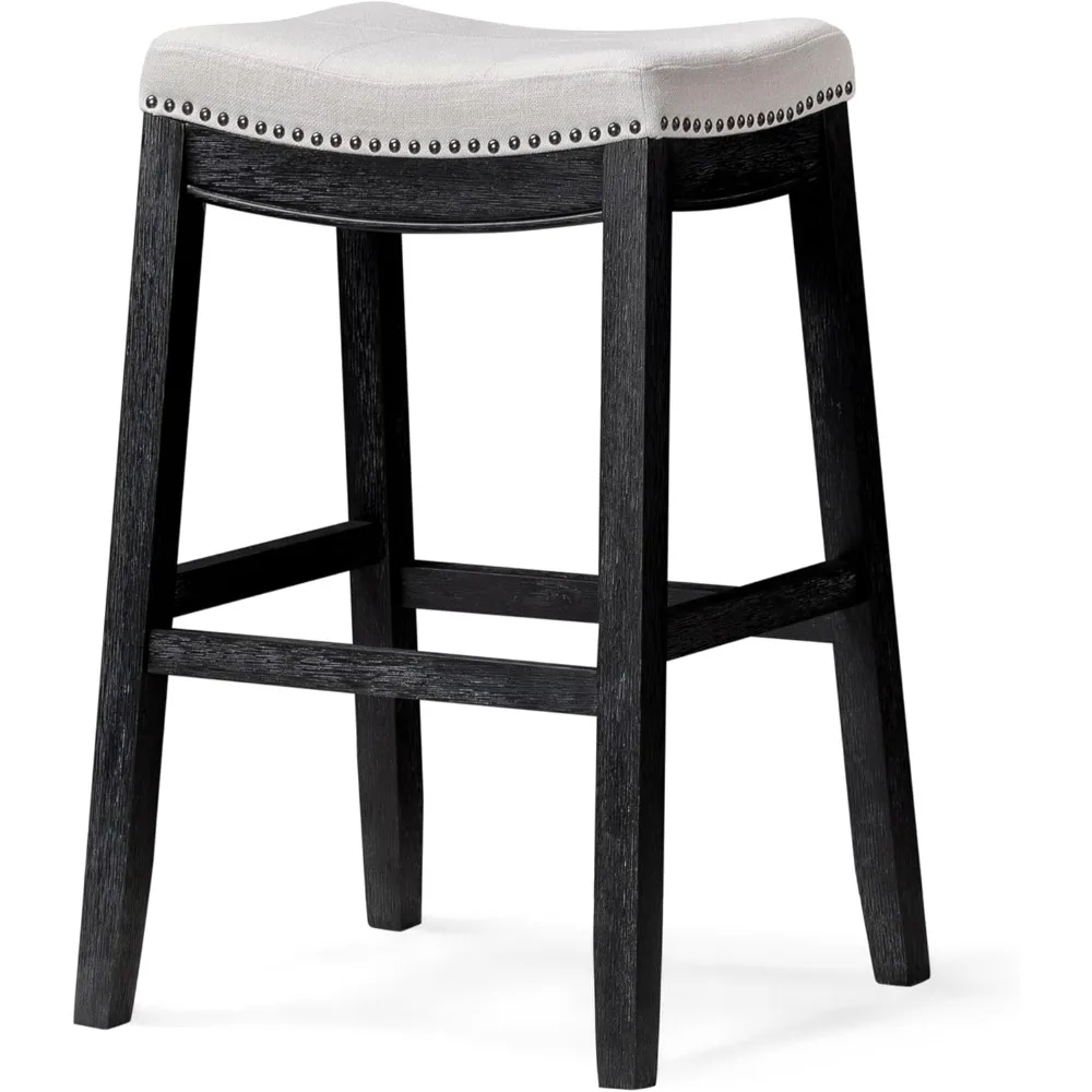 

Барный стул без спинки 31 дюйм — табурет-седло с подставкой для ног — обивка из черного массива дерева и белой ткани