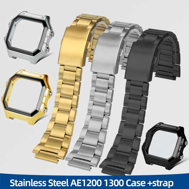 Stainless Steel AE1200 1300 Metal suit Case Strap For Casio 3299 AE-1200 AE-1300 Mod Kit Bezel AE1200 band Waterproof Ring Glass