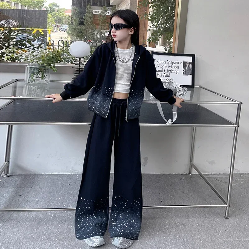 Teens Girls Clothes Casual Sportswear Set Gradient Color Hoodie Wide Leg Pants 2pcs Rhinestone Design Kids Outfits Spring/Autumn