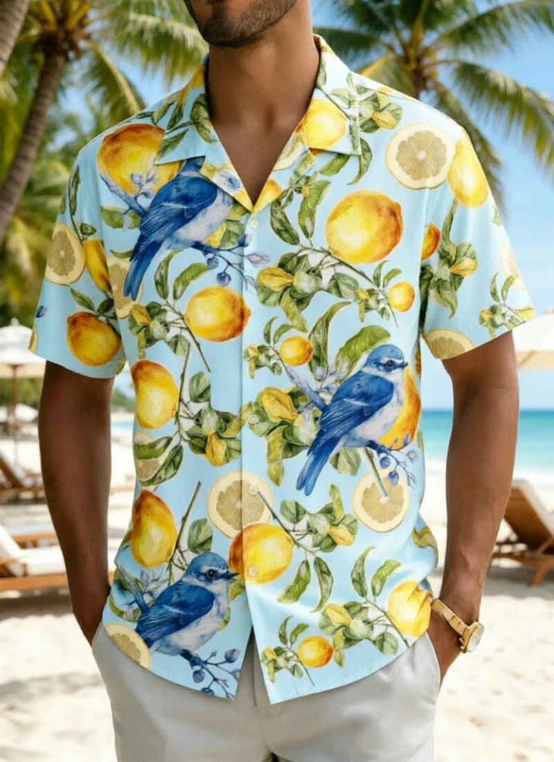 Men's tropical fruit and floral bird print  shirt, for summer vacations, beach trips, daily commutes, and casual wear