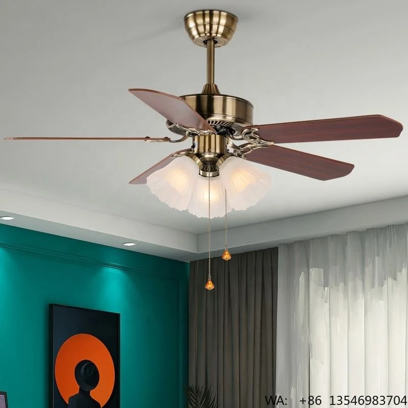 Luxury European Iron Chandelier Ceiling Fan Light with 5 Blades 42 Inch LED Energy Conservation DC Motor 3-Speed