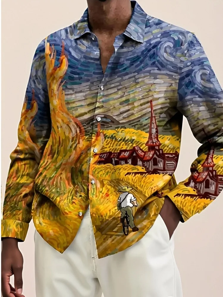 

Мужской свободный кардиган с длинными рукавами и 3D-принтом с геометрическим узором, 2025 г., винтажная повседневная рубашка на пуговицах в стиле западного побережья