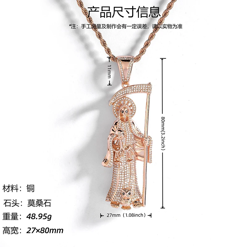 Hip Hop Bling Iced Out Sickle Death Pendants Necklace for Men Rapper Jewelry Rose Gold Silver Color